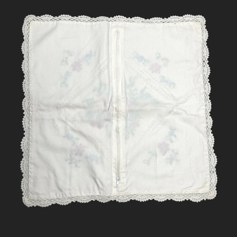 Vintage Hand Embroidered Floral Pillow Sham White Lace Trim Zipper Back 16x16